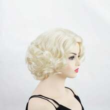 Women's Short Platinum Blonde Wavy Curly Wig, Synthetic Fiber Vintage Hairpiece, Suitable For Halloween Party, Cosplay, Costume Wear, Includes 1 Wig Cap - Gold - View 5