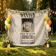 Miniso One Piece Roronoa Zoro Tapestry, With "Wanted Poster" Print No-Hole Backdrop, Perfect For Parties, Camping, Home Decor, Scene Setup And Gathering Displays - 0 - View 4