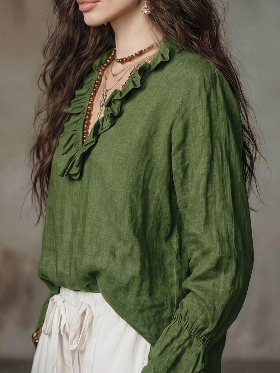 女款綠色波西米亞風荷葉邊V領長袖襯衫,標準版型梭織上衣,適合秋季 - 橄欖綠 - 查看 1