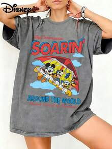 Disney Sky Commander Soarin Around The World Mickey Goofy Graphic Washed Unisex TShirt, 100% Cotton Oversized Vintage Short Sleeve Tee, Retro Adventure Ride Themed Casual Top - 灰色 - 查看 1