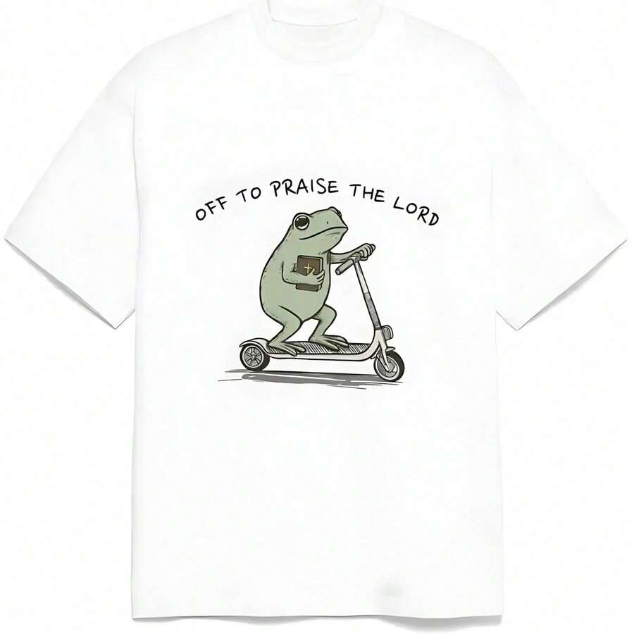Christian T-Shirt, Funny T-Shirt With A Frog "Go And Praise The Lord", Humorous T-Shirt For Bible Study, T-Shirts With Good Graphics For Men And Women. - 白色 - 查看 1