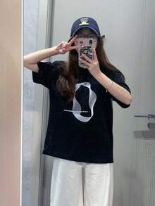 [ 100% Cotton ] Recommended New Products For Summer 2026: Lace Logo T-Shirt, Summer Dress, Women's Fashion T-Shirt, Short Sleeve Office Casual 200g Cotton Cartoon Character Printed Loose White Top, Y2K Women's Top, Spring Dress Top - Black - View 1