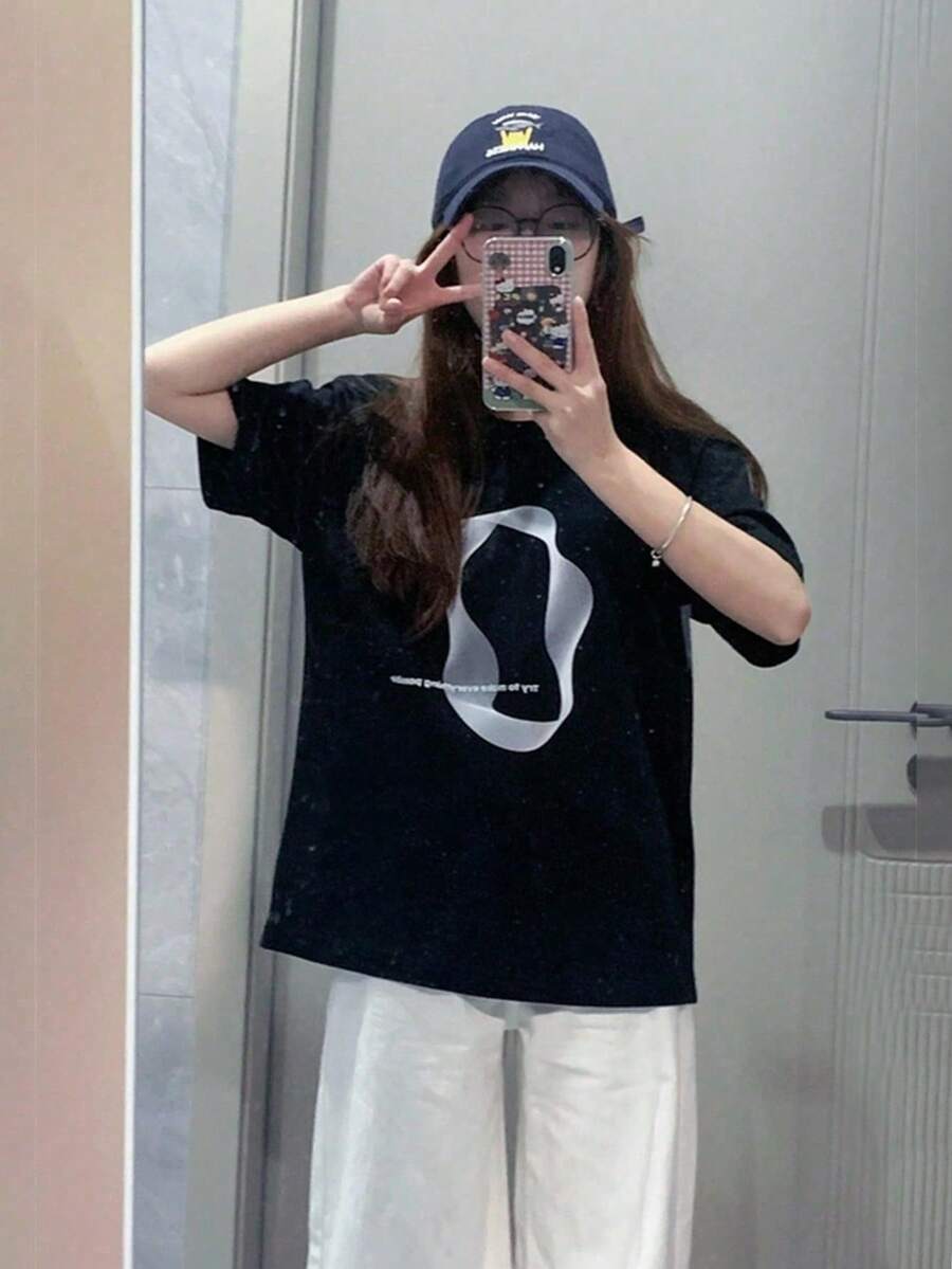 [ 100% Cotton ] Recommended New Products For Summer 2026: Lace Logo T-Shirt, Summer Dress, Women's Fashion T-Shirt, Short Sleeve Office Casual 200g Cotton Cartoon Character Printed Loose White Top, Y2K Women's Top, Spring Dress Top - Black - View 1