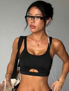 Women's Solid Color Round Neck Removable Padded Criss-Cross Back Sports Knit Bra - Black and White - View 3