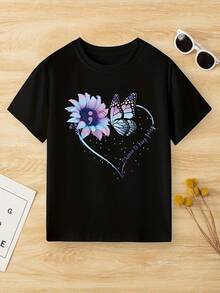 Casual T-Shirt For Girls With Butterfly, Heart And Flower - 黑色 - 查看 6