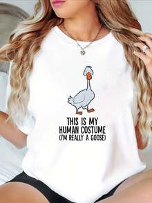 High-Strength Cotton T-Shirt - Soft And Comfortable Women's T-Shirt With Goose Feather Print - Casual Round Neck, Short Sleeve, Summer T-Shirt, Perfect Gift For Friends, Pullover Style, Geometric Print, Regular Fit, Suitable For All Seasons, Casual Wear With Fun Print, Soft Fabric, Fun T-Shirt Suitable For All Seasons, Can Be Worn As A Base Layer In Spring And Autumn Or Alone In Summer, Unisex. - 白色 - 查看 6