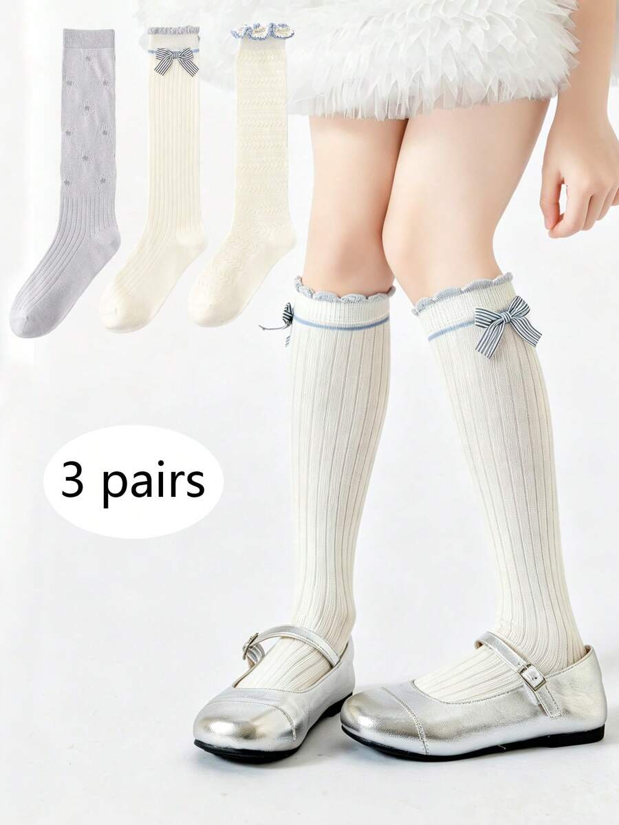 3雙女童校園風襪子,網布透氣百搭蝴蝶結兒童襪,適合3-12歲女孩日常穿著,春/夏季 - 彩色 - 查看 1