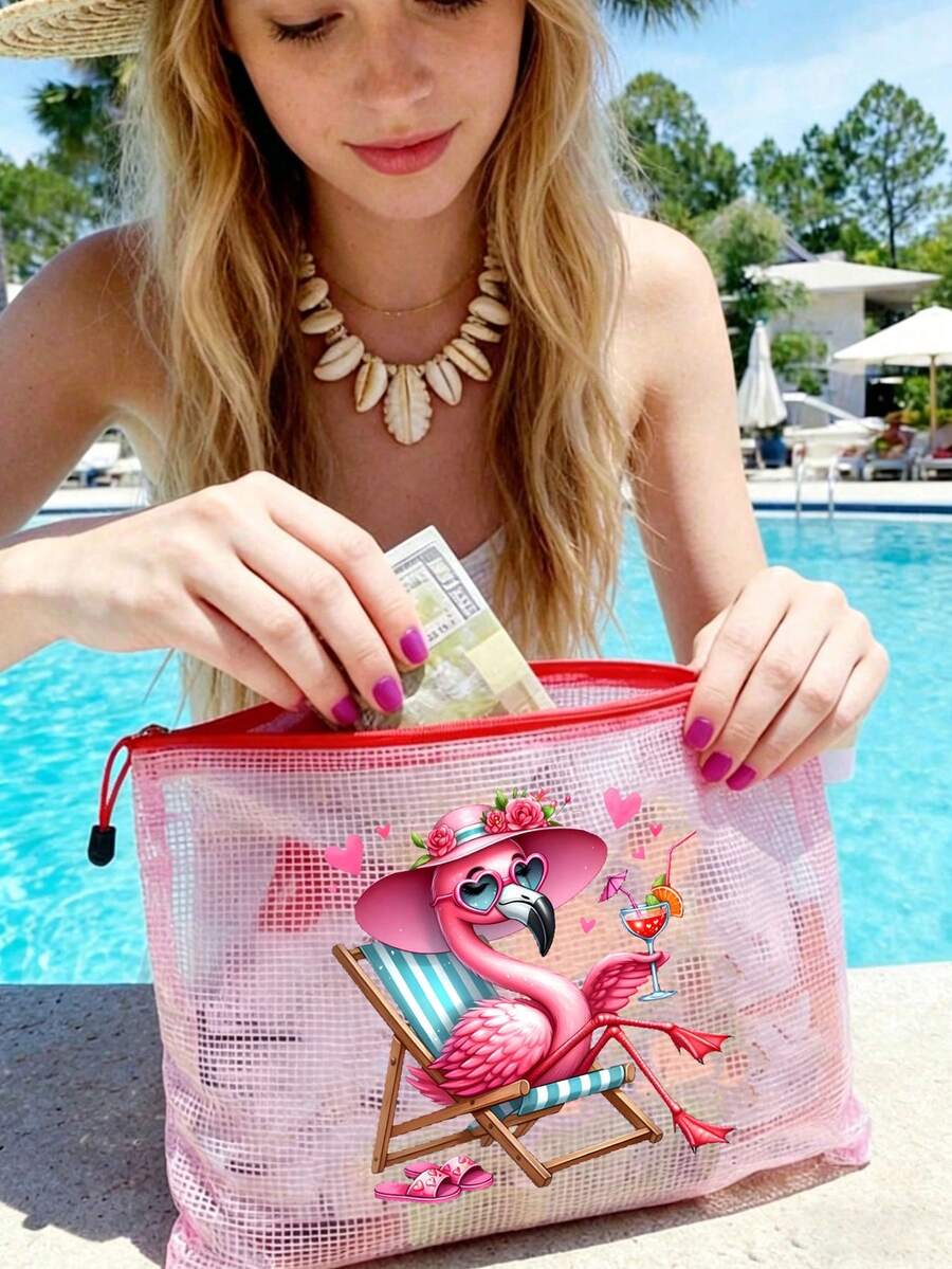 Tas Pantai Berbahan Jaring Tahan Air Berwarna-warni, Tas Kosmetik dengan Motif "Flamingo" Berwarna-warni, Tema Pantai. Tas Kosmetik Transparan Kapasitas Besar - MultiWarna - View 1