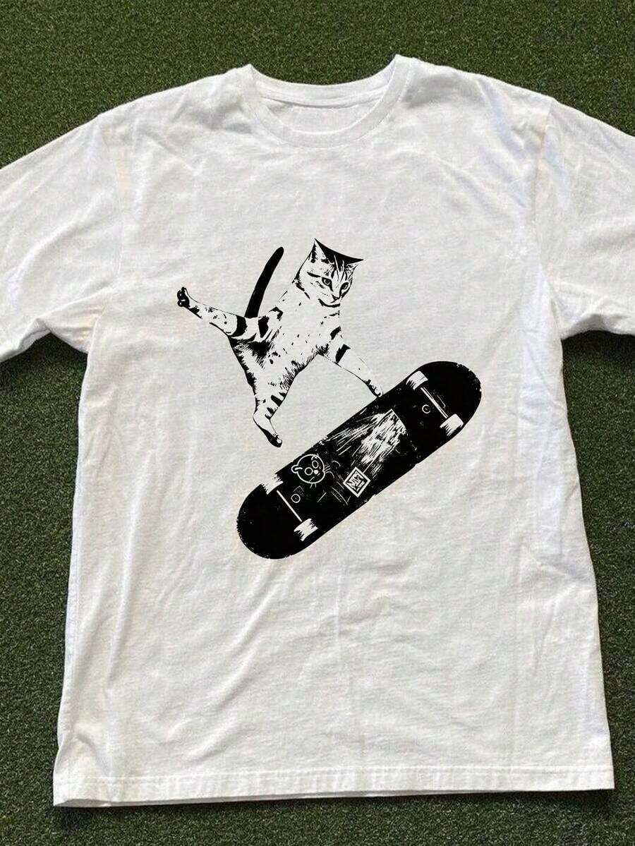 Manfinity Dauomo Camiseta de cuello redondo para hombre, diseño de estampado de gato, uso casual y versátil para diario, verano - Verde - Ver 1