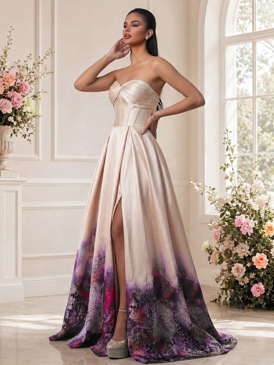 Elegant Strapless Maxi Dress For Women, With Zipper Detail And Flared Hem Design, Suitable For Formal Evening Occasions Wedding Party - Champagne - View 1