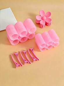 19pcs/Set Pink Self-Adhesive Hair Curlers, Including Various Sizes Of Curlers, Positioning Alligator Clips, And A Super Cute Flower Hair Clip, Practical For Fixing Curlers And Styling, Suitable For Girls And Women, Perfect For Vacation, Dates, Graduation Season Or Daily Wear,Hair Styling Kit,Hair Clutch - Multicolor - View 4
