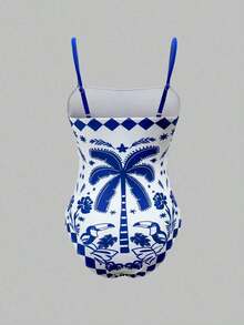 Traje de baño de una pieza con tirantes finos y estampado de palmeras con shorts de cobertura para vacaciones - Azul y blanco - Ver 5