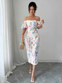 MEXSelianne Vestido de verano elegante de mujer con estampado floral en todo el Body y hombros descubiertosMEX KURX - Albaricoque - Ver 6