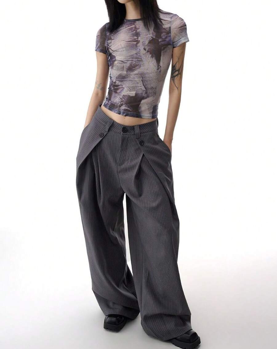 Retro-Style Pleated Slacks For Women With A Draped Feel. Relaxed Fit, Slimming Effect, Versatile Straight-Leg Wide-Leg Casual Pants. - Grey - View 1