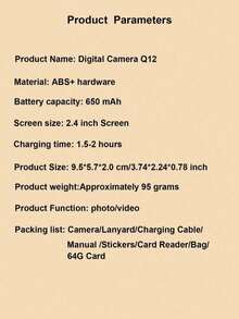 1 Unit Q12 Digital Camera, Comes With 64G Memory Card, 50MP 2.4" Screen, Portable Design, Rechargeable CCD Sensor, Multiple Filter Modes. Portable Anti-Shake Smart Zoom Digital Camera, Suitable For Outdoor Use. - Multicolor - View 12
