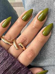 24pcs Short Almond-Shaped Minimalist Olive Green Nail Art Set, Suitable For Vacation, Party, Daily Wear - Dark Green - View 1