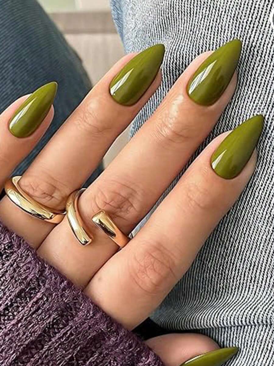 24pcs Short Almond-Shaped Minimalist Olive Green Nail Art Set, Suitable For Vacation, Party, Daily Wear - Dark Green - View 1