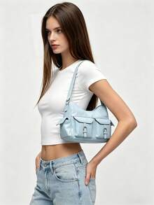 Bolso de hombro tipo hobo de moda retro estilo Y2K de piel sintética con múltiples bolsillos, perfecto para ir al trabajo y atuendos diarios - Celeste - Ver 2
