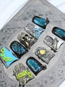 10Pcs Premium Handmade Short Duckbill Press On Nails, Christmas Theme, Iridescent Blue Design, Sparkling Glitter, 3D Charms Decor, Holiday Gatherings Summer 4th Of July - 彩色 - 查看 10