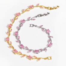 Pulsera de Cristal de Circonio Colorida y Encantadora con Diseño de Hojas y Flores, Lujosa, Chapada en Oro, para Mujeres y Niñas, para Fiestas y Bodas, Regalo de Joyería - Rojo violeta - Ver 6
