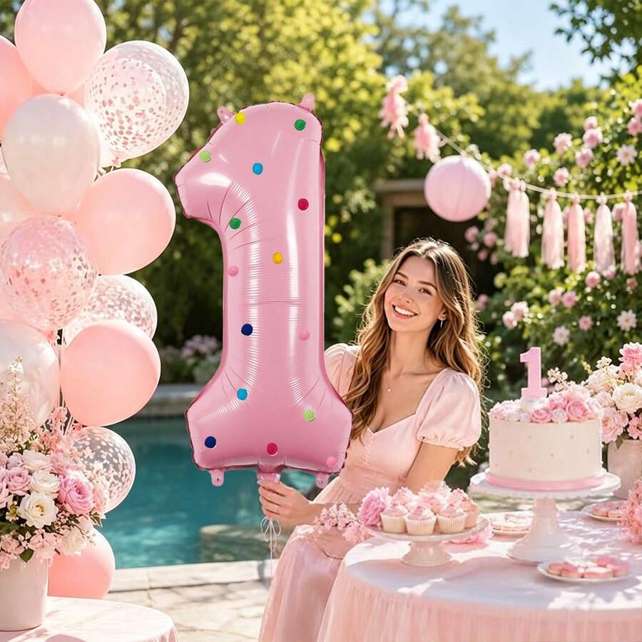 2pcs 32-Inch Pink Number Plush Ball Balloon Set, Includes Multi-Color Plush Balls And 32-Inch 0-9 Pink Numbers, Suitable For Birthday Parties, Anniversary Celebrations, Birthday Decorations, Baby Christenings, Candy Parties, Pink Home Decor, Photo Ops - Multicolor - View 1