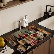 1pc Home Decor, Wine Pattern Printed Absorbent Dish Drying Mat, Espresso Machine Countertop Absorbent Mat, Sink Drain Mat, Soft Faucet Absorbent Mat, Sink Cup Mat, Kitchen & Bathroom Accessories - Multicolor - View 4