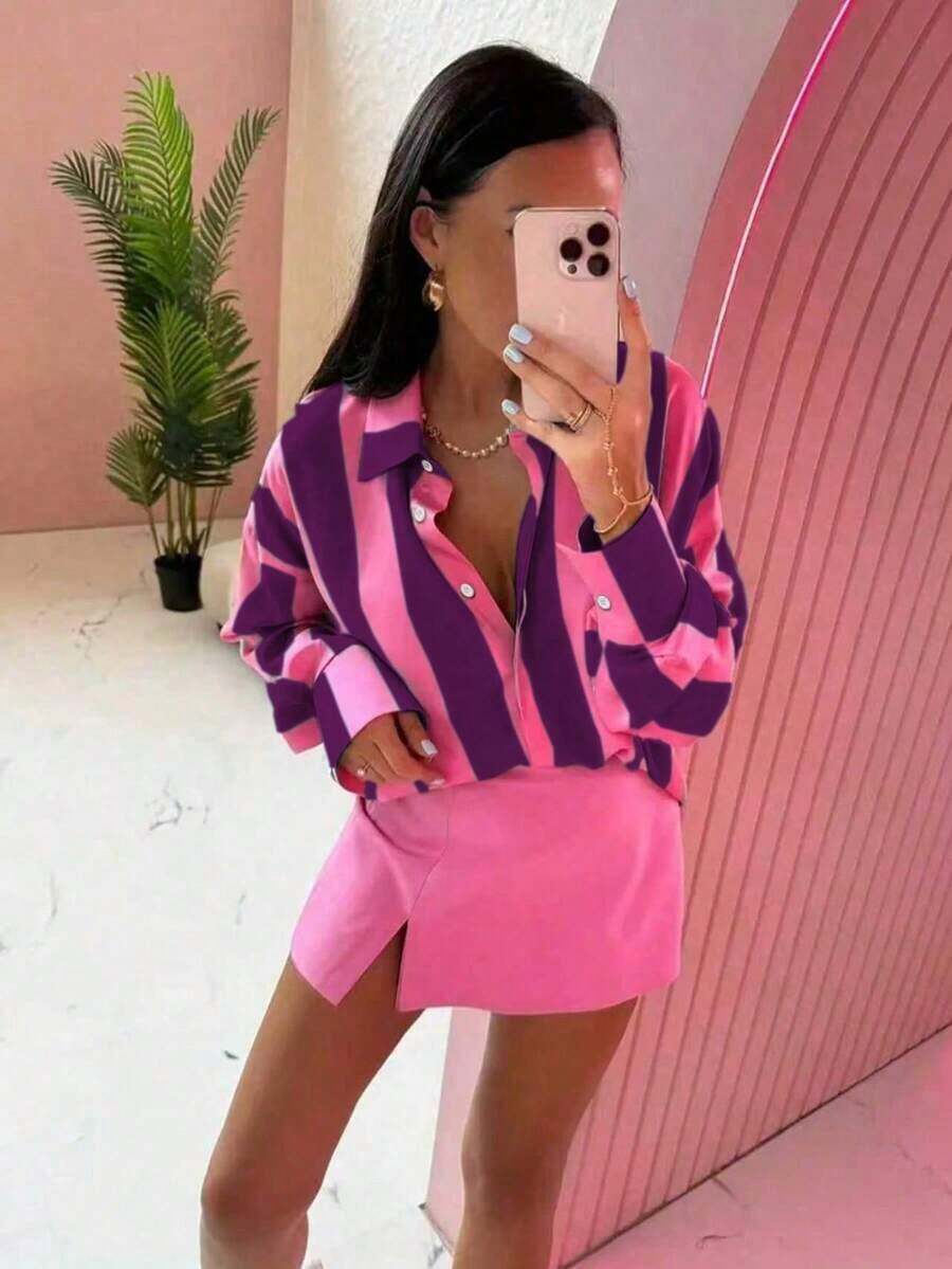 de mujer de poliéster con cuello, con botones delanteros, con un llamativo patrón de rayas, de manga larga y longitud regular, para fiestas, bodas y primavera - Morado - Ver 1