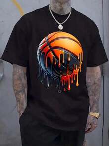 Men's Short-Sleeved Crew Neck T-Shirt With Basketball Print, Regular Fit, For Spring, Summer And Holidays. - Black - View 1