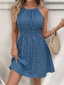 LUNE Vestido casual de mujer con textura de jacquard con cuello halter - Azul y blanco - Ver 5