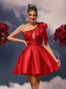 Lovelzi Elegante vestido de gala con lazo asimétrico en el hombro, decoración de satén brillante color champán, malla delantera hueca, acabado de lujo con cuentas a mano y bajo en línea A - Rojo - Ver 7