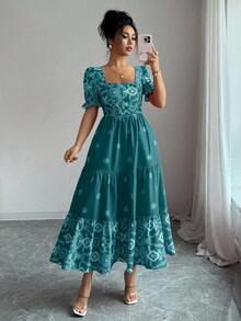 Vestido casual/de trabajo de manga corta con cuello cuadrado y cintura ceñida en línea A con estampado para mujer - Agua verde azul - Ver 3