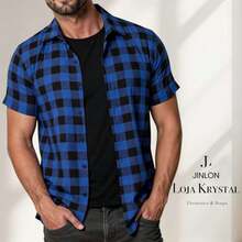 LK Checkered Printed Men's Short-Sleeve Dress Shirt For June Festivals - 藍色 - 查看 1
