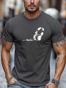Men's Plus Size T-Shirt, Comfortable And Versatile, Relaxed And Casual, Men's T-Shirt With Headphones And Music Print, Short Sleeve Round Neck Summer T-Shirt. - 深灰色 - 查看 6