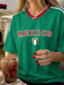 Women's Mexico Football Jersey With Heart Flag - Sporty Style Oversized Green  Y2K Football Motif V Neck Short Sleeve - 綠3 - 查看 2