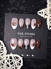 10pcs Summer Handmade Short Almond-Shaped Nail Tips, Nude Pink Base Color, White/Brown/Black Contrast French Tips, Hand-Painted Leopard Print + Stars + Sunburst + Rhinestone Decor, Retro Chic Style, Versatile, Comes With Manicure Tool Kit, Quick Wear & Remove Short Almond Artificial Nails Suitable For All Occasions - Brown - View 2
