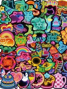 60 Stücke Neon Aufkleber mit Tieren, Schmetterlingen, Geld, Burger für Wasserflaschen, Gepäck, Gitarren, Computer, Telefone und Scrapbooks - 60 Stück - Übersicht 1