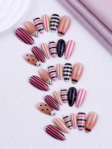 NAIO 30pcs/Set Press On Nails Almond Nail Tips, Y2K Baddie Style, Color Combinations Including Black, White, And Fuchsia; French Pointed Toe; Striped And Polka Dot Design.Suitable For Women And Girls, Party, Daily Wear, Comes With Tool Kit, Great Gift For Ladies Nails - Multicolor - View 2