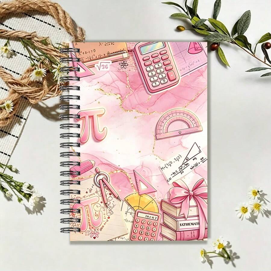 1 pieza Cuaderno A5, Cubierta de diario con ilustración de herramientas matemáticas de mármol rosa dorado, Libreta de espiral, Adecuado para volver a la escuela, toma de notas diarias, notas de matemáticas - A5 - Ver 1