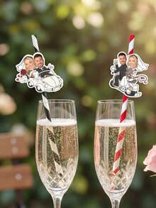 1/12/24/48pcs Personalized Wedding Party Straws - Custom Silhouette Photo, Comes With Straws And Fasteners For You To Install - Add Fun To Personalized Party Drink Decorations - Multicolor - View 6