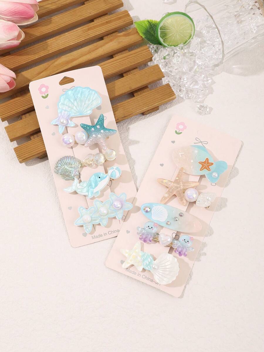 1組海洋元素可愛日系髮夾,甜美女款側瀏海夾,飾有海星、貝殼、海豚、水母、珍珠,適用於日常、上學、海邊、旅行,多功能髮爪夾 - 彩色 - 查看 1