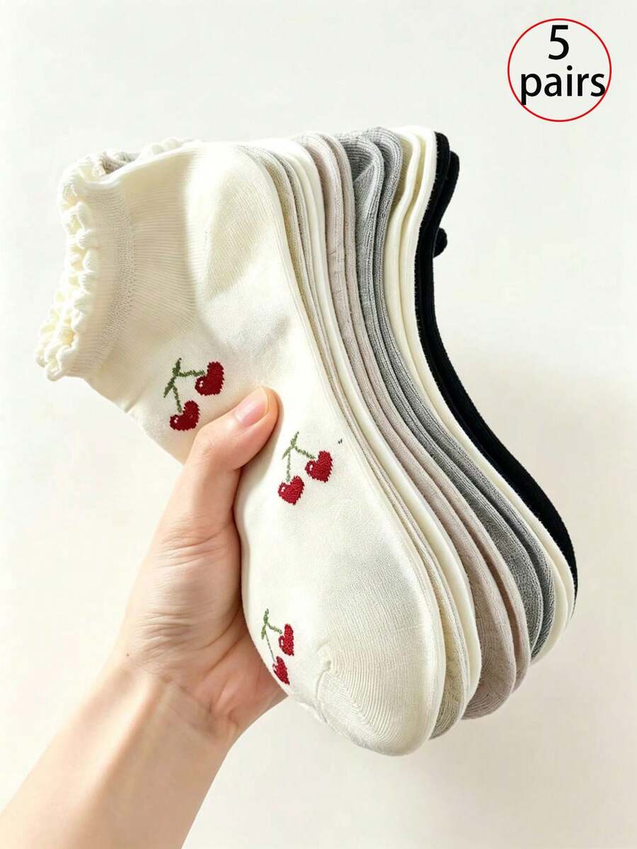 5 Pairs Women Cute Ruffle Cherry Ankle Socks, Soft Breathable Frilly Trim Low Cut Short Socks, Sweet Casual Daily Socks For Girls - Multicolor - View 1