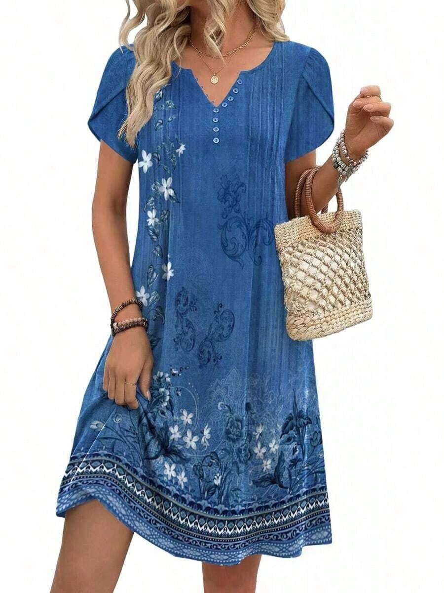 ,Flower Dress Women,2026 Women's Summer Casual Floral V-Neck A-Line T-Shirt Mini Dress Short Sleeve With Pockets Beach Sundress,Casual Summer Dress, S - A02-藍色花卉 - 查看 1