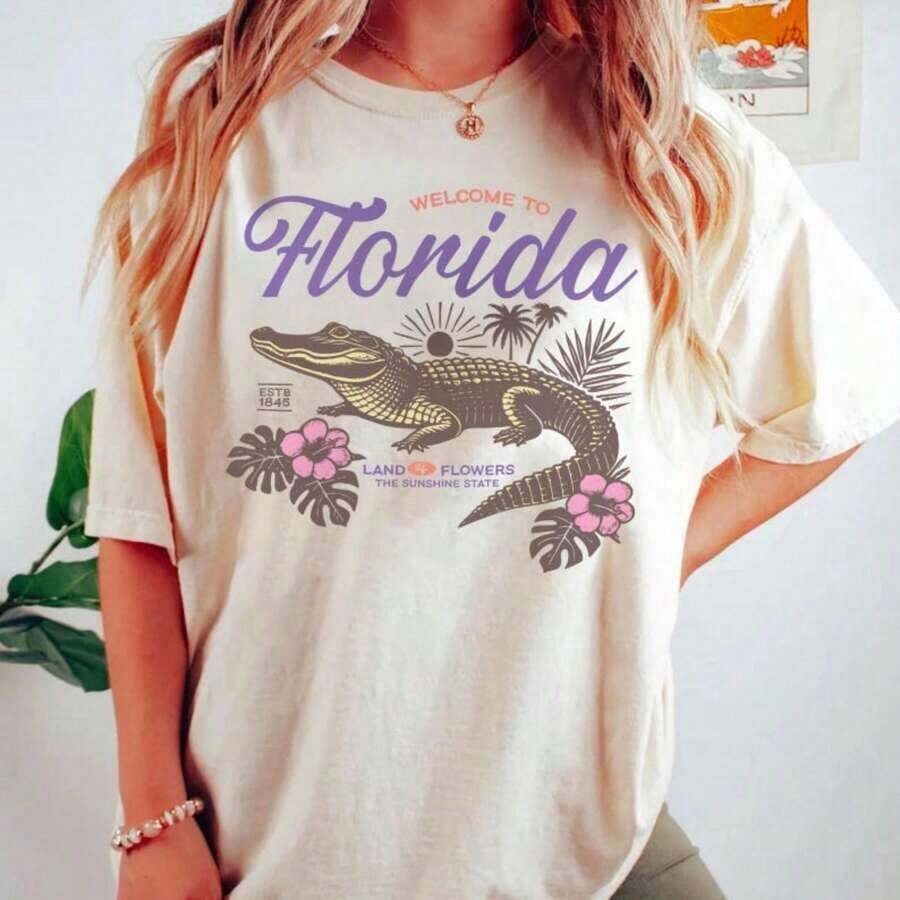 Florida T-Shirt, Florida T-Shirt, Aesthetic Graphic T-Shirt, Sunshine State Florida T-Shirt, Summer T-Shirt Gift, Women's Oversized Summer T-Shirts, Women's Dresses 9ZVK - 白色 - 查看 1