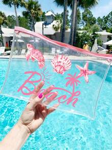海灘主題印花 PVC 化妝包，拉鍊密封 PVC 旅行收納袋，輕量耐褪色化妝與盥洗用品袋，TSA 認證便攜式化妝盒，易擦拭設計，適合教師、朋友禮物，學校假期旅行必備盥洗用品袋，防水盥洗用品袋 - 彩色 - 查看 1