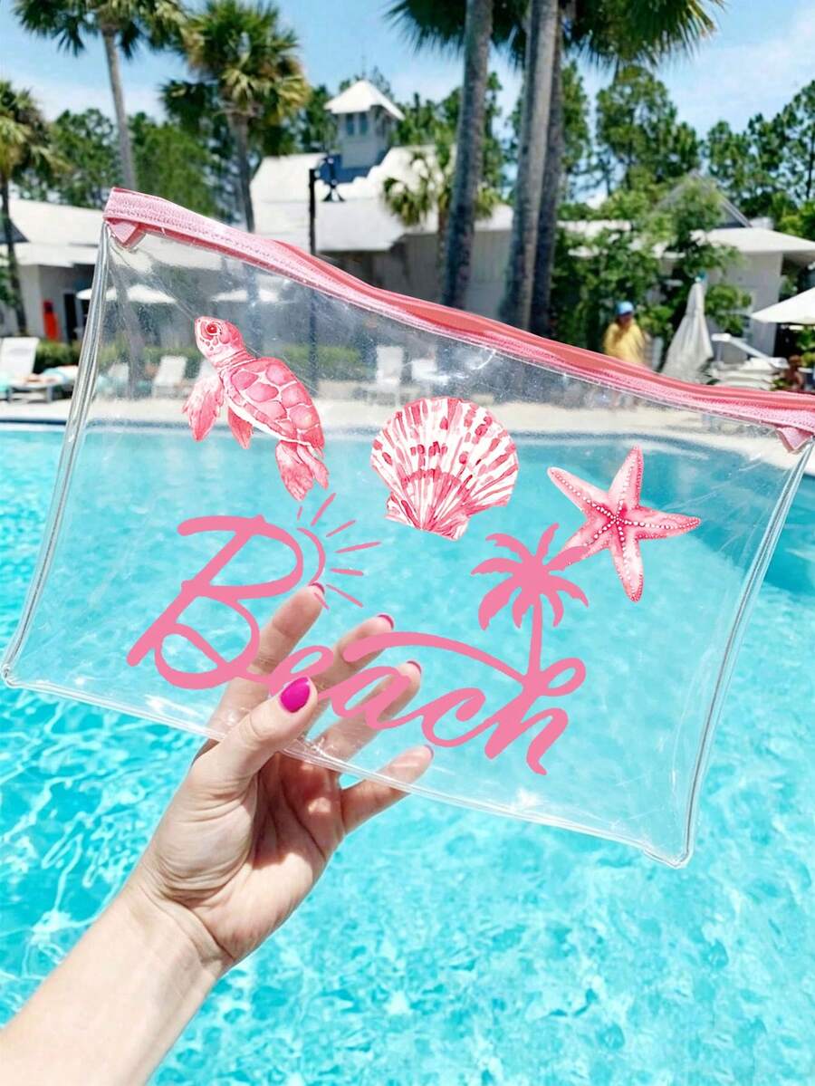 海灘主題印花 PVC 化妝包,拉鍊密封 PVC 旅行收納袋,輕量耐褪色化妝與盥洗用品袋,TSA 認證便攜式化妝盒,易擦拭設計,適合教師、朋友禮物,學校假期旅行必備盥洗用品袋,防水盥洗用品袋 - 彩色 - 查看 1