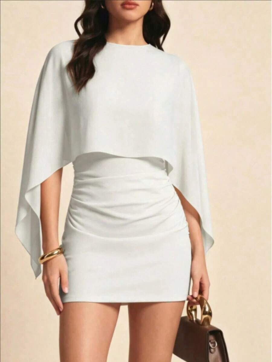 Vestido de 2 en 1 / vestido deconstructivo de unicolor con parches de murciélago, adecuado para salir de noche, vacaciones, fiestas de cumpleaños, uso diario elegante - Blanco - Ver 1