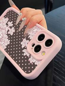 1pc Creative Polka Dot Floral Print Gradient Pattern Fine Hole Phone Case With Dopamine Style Clover Short Wrist Strap, Compatible With Apple 11/11Pro Max/12/12Pro/12Pro Max/13/13Pro/13Pro Max/14/14Plus/16 Pro Max/17 Pro Max/Galaxy S25 Edge/ 14C/ Moto G Series/ C55 - Pink - View 3