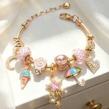 New Light Luxury Dreamy Pink Plaid Glazed Beaded Bracelet With Ice Cream, Umbrella, And Shooting Star Charms, Heart And Moon Elements, Adjustable Versatile Bracelet With Extendable Chain Design To Fit Different Wrist Sizes - Vàng - Xem 4