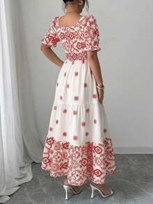 MEXElenzga Vestido casual/de trabajo de manga corta con cuello cuadrado y cintura ceñida en línea A con estampado para mujerMEX WAW2 - Marrón - Ver 8