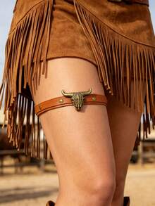1 pieza Garter de muslo con diseño de calavera de vaca estilo cowgirl occidental, envoltura de pierna de doble capa de cuero sintético marrón, joyería corporal vintage de remaches para mujer - B - Ver 12